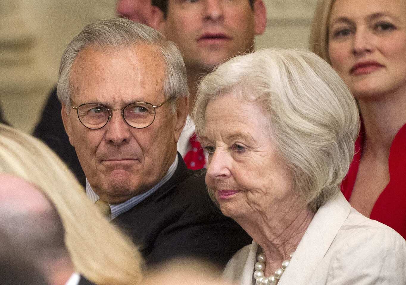 Former Defense Secretary Donald Rumsfeld and his wife, Joyce, attend the unveiling of the official portraits of President George W. Bush and his wife, Laura.