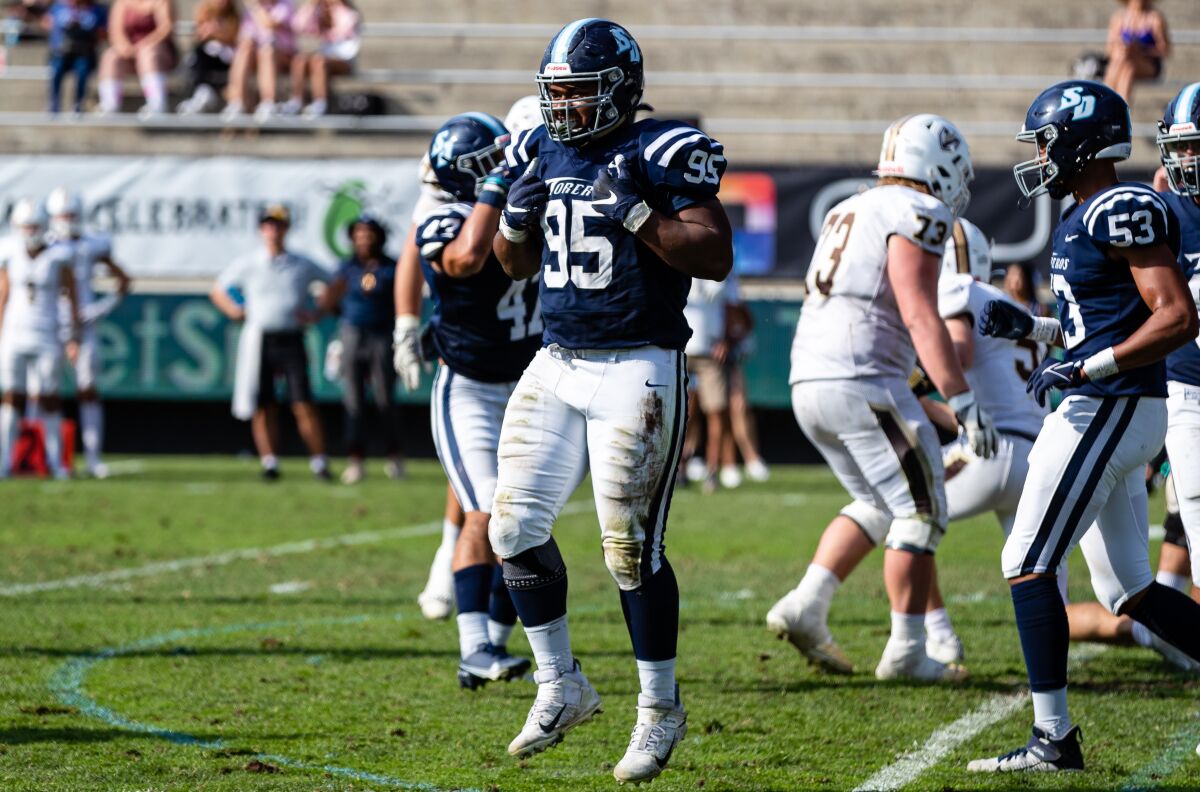 Defensive tackle Will Buck leads the Toreros and is second in the Pioneer Football League in sacks, rare for his position.