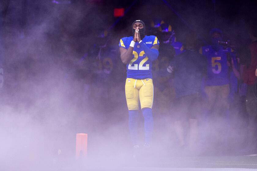 Los Angeles, CA - January 30: Rams defensive back David Long takes the field to play the San Francisco 49ers in the NFC Championships at SoFi Stadium on Sunday, Jan. 30, 2022 in Los Angeles, CA. Rams won 20-17 to earn a berth in the Super Bowl against the Bengals. (Allen J. Schaben / Los Angeles Times)