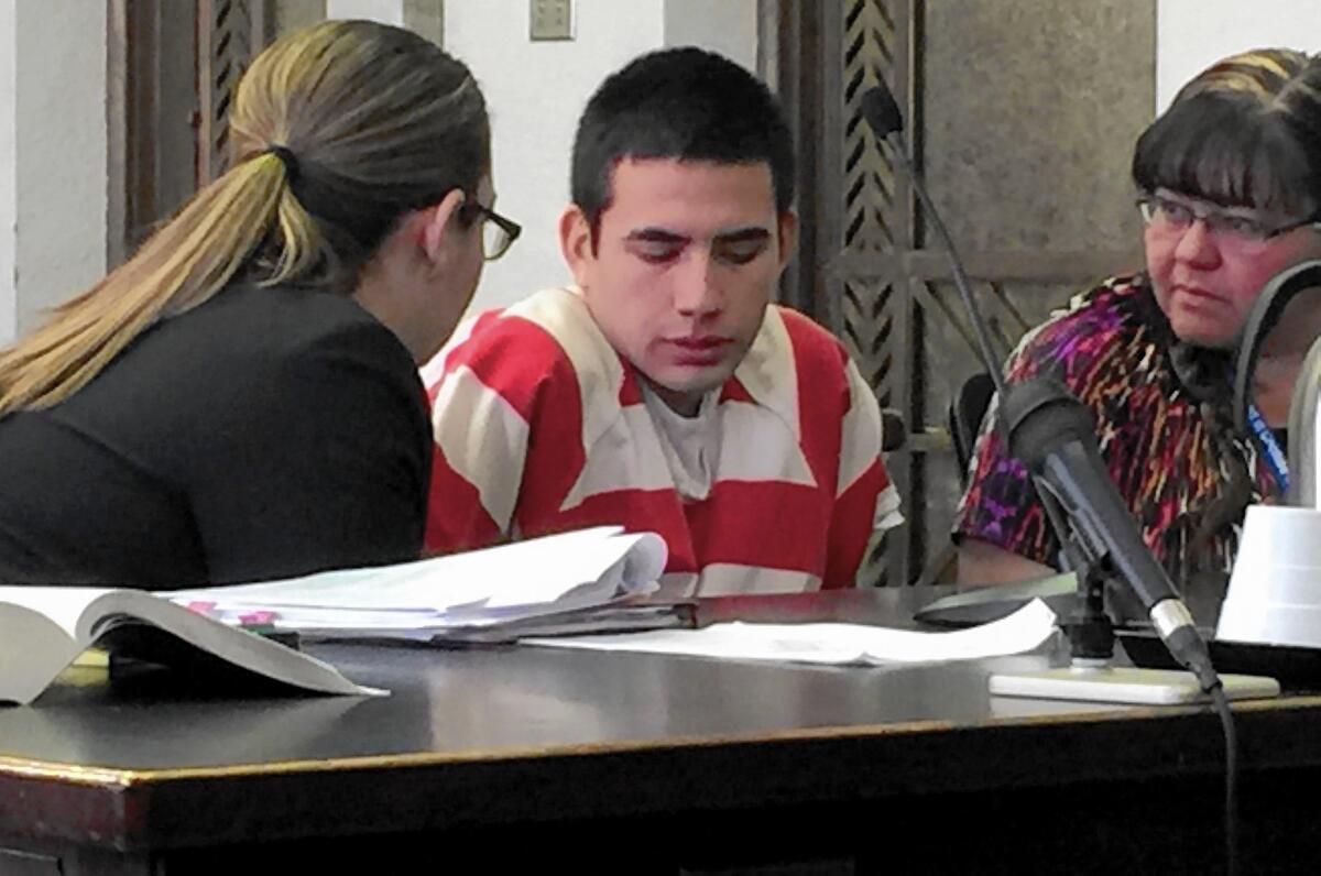 Mario Nieblas, who turned 17 in jail, could be sentenced to three years in adult prison if convicted of smuggling marijuana from Mexico into the U.S. Above, he appears in court in Cochise County, Ariz., on April 28.
