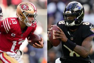 San Francisco 49ers quarterback Brock Purdy, left, and Baltimore Ravens quarterback Lamar Jackson.