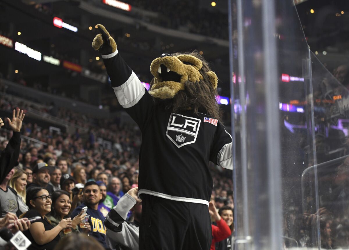 Kings mascot Bailey entertains the crowd during a preseason game against the Ducks on Sept. 30, 2017, at Staples Center.