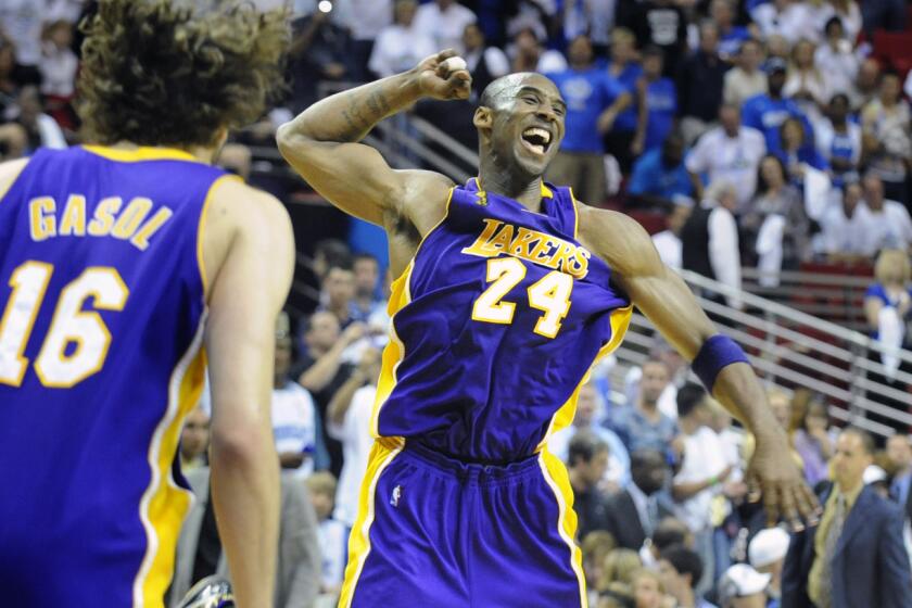 Kobe Bryant celebrates the Lakers' victory over the Orlando Magic in the 2009 NBA Finals.