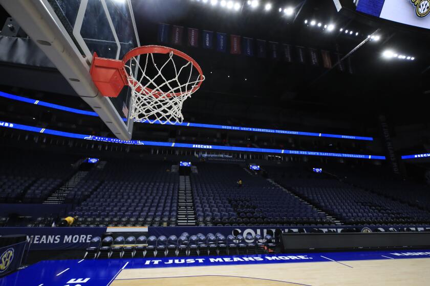 NASHVILLE, TENNESSEE - MARCH 12: The basket and the arena sit unused after the announcement of the cancellation of the SEC Basketball Tournament at Bridgestone Arena on March 12, 2020 in Nashville, Tennessee. The tournament has been cancelled due to the growing concern about the spread of the Coronavirus (COVID-19). The NCAA tournament has also been cancelled. (Photo by Andy Lyons/Getty Images) ** OUTS - ELSENT, FPG, CM - OUTS * NM, PH, VA if sourced by CT, LA or MoD **