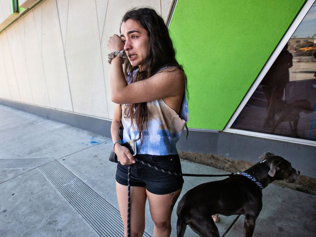 Christine Gamez of Fullerton returns her fostered bulldog, Tyson, to a shelter in South Los Angeles.