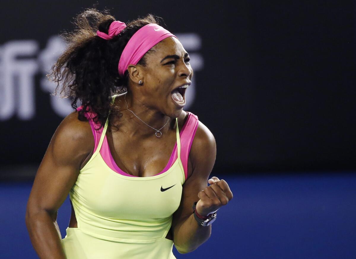 Serena Williams reacts after winning a point against Maria Sharapova in the Australian Open final on Jan. 31, 2015.