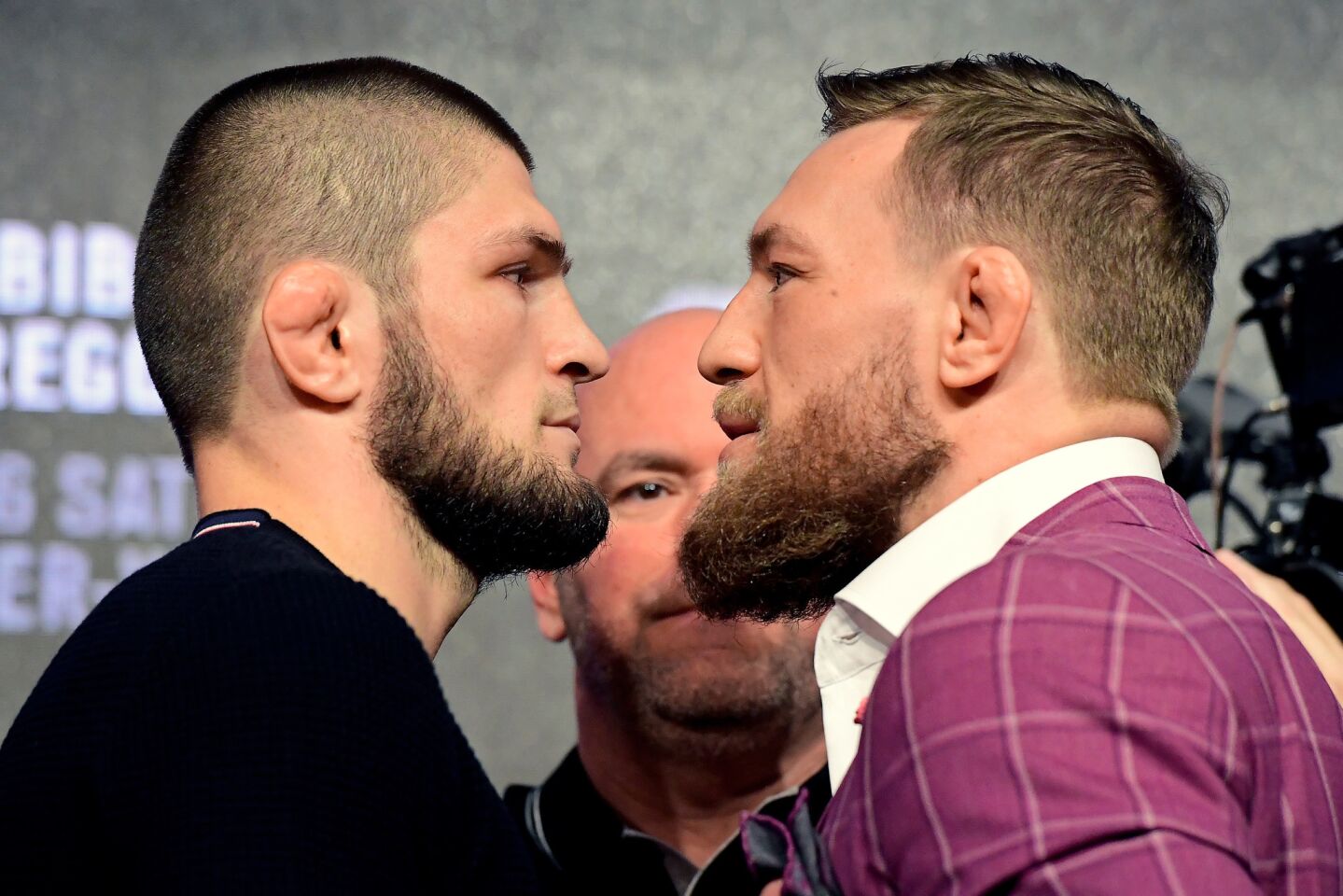 NEW YORK, NY - SEPTEMBER 20: Lightweight champion Khabib Nurmagomedov faces-off with Conor McGregor during the UFC 229 Press Conference at Radio City Music Hall on September 20, 2018 in New York City. (Photo by Steven Ryan/Getty Images) ** OUTS - ELSENT, FPG, CM - OUTS * NM, PH, VA if sourced by CT, LA or MoD **