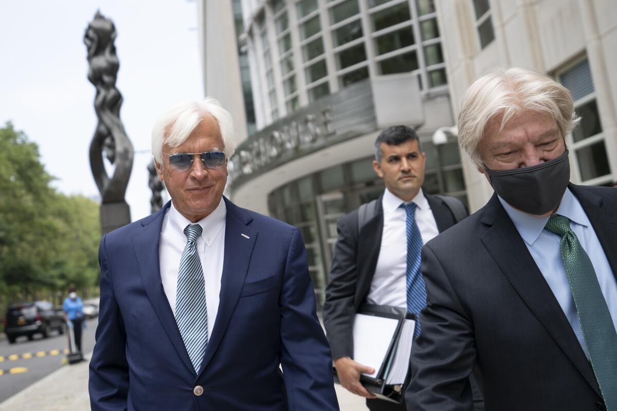 Horse trainer Bob Baffert leaves federal court on Monday in the Brooklyn borough of New York.