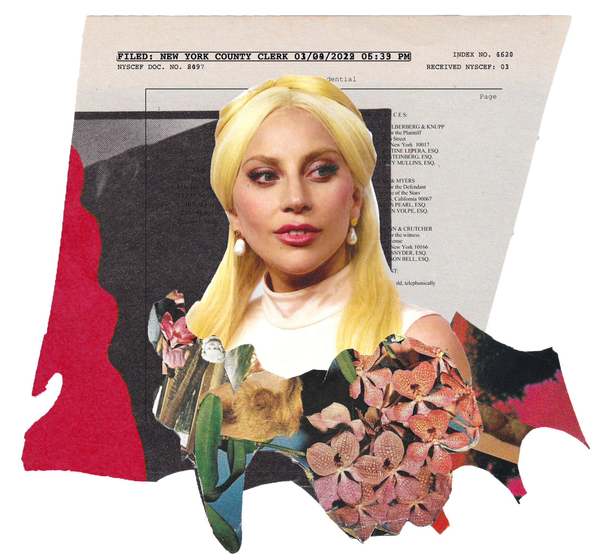 Pieces of photos and a cutout of Lady Gaga atop a page from a New York County Clerk filing of a legal deposition