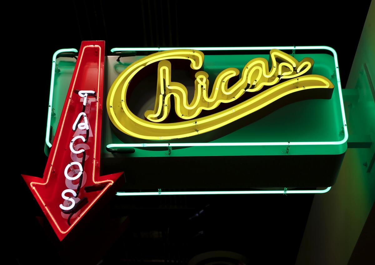 The marquee at Chicas Tacos in Rodeo 39 center in Stanton.