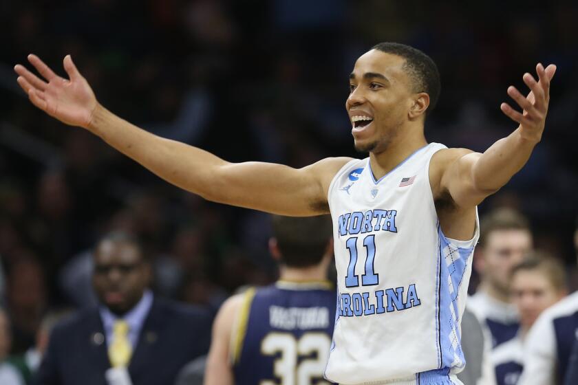 North Carolina's Brice Johnson reacts during the second half of a game against Notre Dame on March 27.