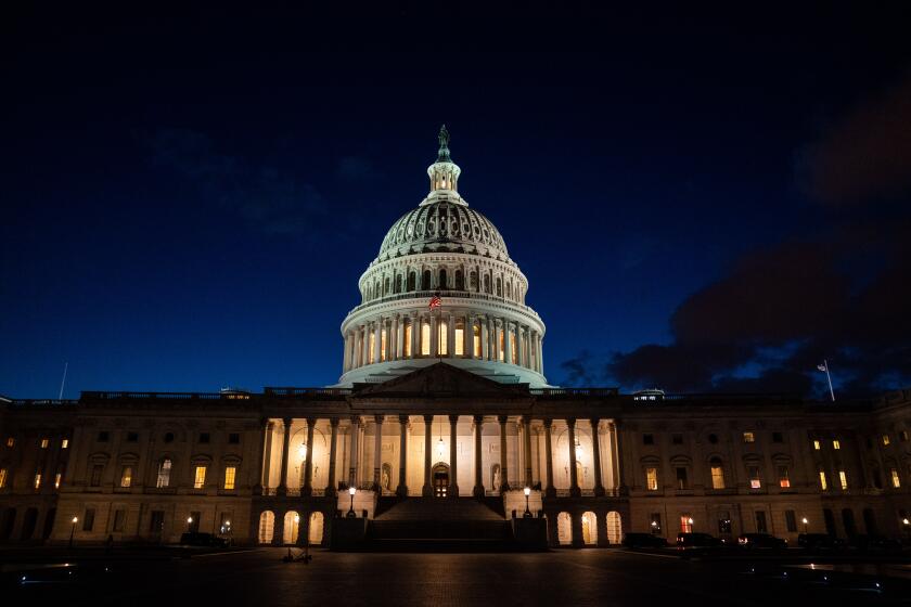 WASHINGTON, DC - MARCH 04: The U.S. Capitol Building, which saw boosted security, Thursday, after officials warned of an attack plot by extremists, two months after supporters of former president Donald Trump stormed the Capitol building is illuminated with the setting sun as the Senate debates the coronavirus relief package on Thursday, March 4, 2021 in Washington, DC. (Kent Nishimura / Los Angeles Times)