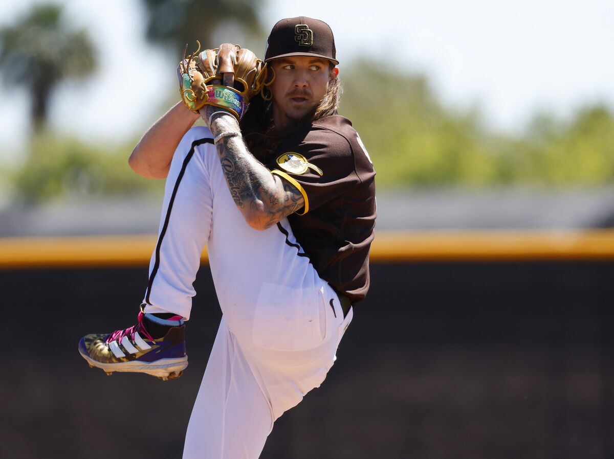 Padres right-hander Mike Clevinger pitches in a minor league game at spring training