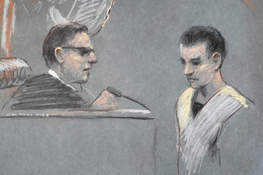 FILE - This artist depiction shows Massachusetts Air National Guardsman Jack Teixeira, right, appearing in U.S. District Court in Boston, April 14, 2023. Jack Teixeira, the Massachusetts Air National Guard member accused of leaking highly classified military documents about Russia’s war in Ukraine and other national security secrets, is expected to plead guilty on Monday in federal court. (Margaret Small via AP, File)