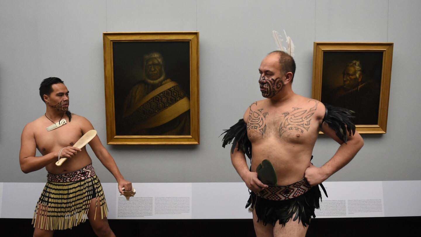 Members of the cultural group Ngati Ranana perform rituals and blessings Nov. 18 before the opening of the exhibition "Gottfried Lindauer — The Maori Portraits" at Old National Gallery museum in Berlin. The exhibit will move to Pilsen as part of the 2015 festivities.