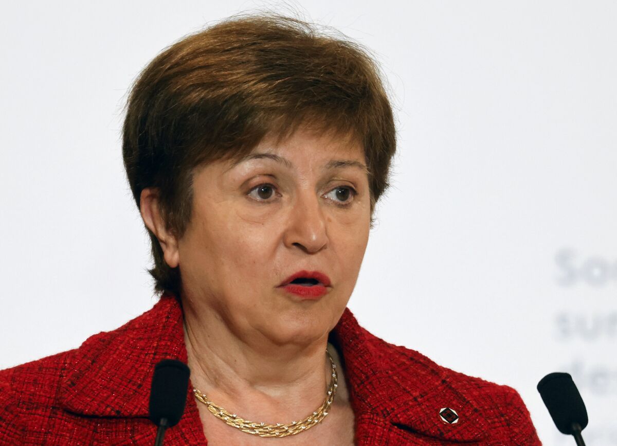 FILE - In this Tuesday, May 18, 2021, file photo, International Monetary Fund Managing Director Kristalina Georgieva speaks at the end of the Financing of African Economies Summit, in Paris. The IMF says it needs more time to weigh its response to the alleged role of the agency's managing director in data-rigging at the World Bank when she was a top official there. (Ludovic Marin/Pool Photo via AP, File)
