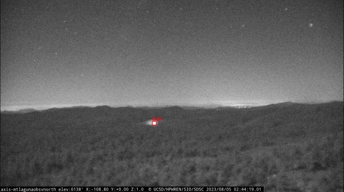 A red box highlights an anomaly detected by artificial intelligence on Mount Laguna in San Diego County.