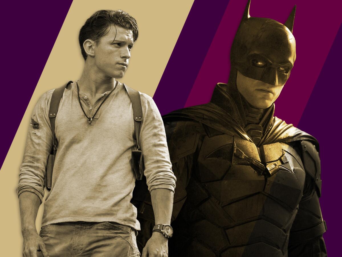 Tom Holland as Nathan Drake in "Uncharted" and Robert Pattinson as Batman in “The Batman."