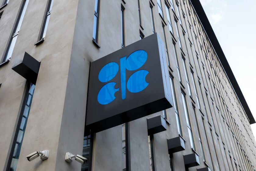 FILE - The logo of the Organization of the Petroleoum Exporting Countries (OPEC) is seen outside of OPEC's headquarters in Vienna, Austria, on March 3, 2022. The Saudi-led OPEC oil cartel and allied producing countries, including Russia, are scheduled to decide how much oil to supply to the global economy amid weakening demand in China and uncertainty about the impact of new Western sanctions against Russia that could take significant amounts of oil off the market.(AP Photo/Lisa Leutner, File)