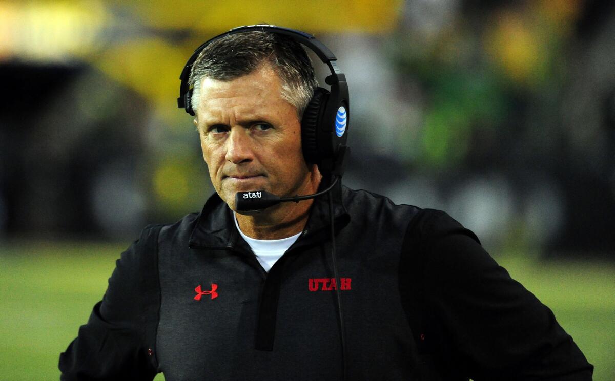Utah Coach Kyle Whittingham paces the sidelines during the second quarter of a game against Oregon Ducks on Sept. 26.