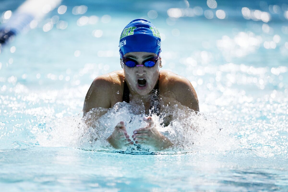 Emily Lundgren swims in the 200 yard IM championship at the CIF swimming championships May, 7, 2022 in at Granite Hills High School in El Cajon, CA. (Photo by Denis Poroy)