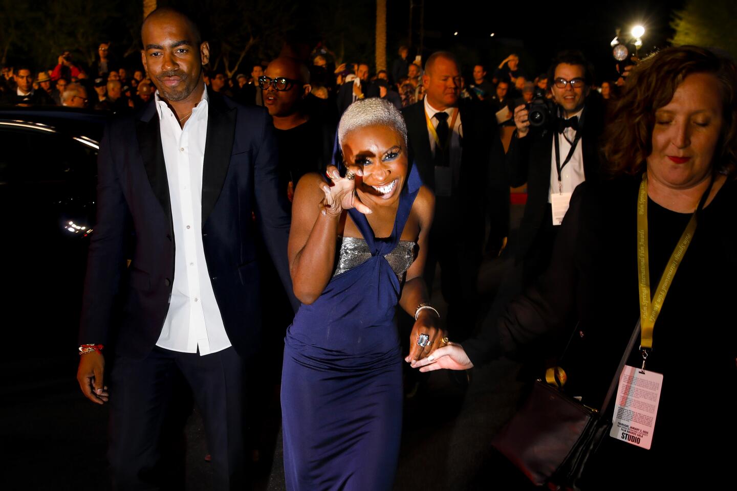 PALM SPRINGS, CA --JANUARY 02, 2020—Actress Cynthia Erivo gives autographs and takes pictures with fans upon arrival at the Palm Springs International Film Festival Film Awards Gala, at the Palm Springs Convention Center, in Palm Springs, CA, Jan 02, 2020. (Jay L. Clendenin / Los Angeles Times)