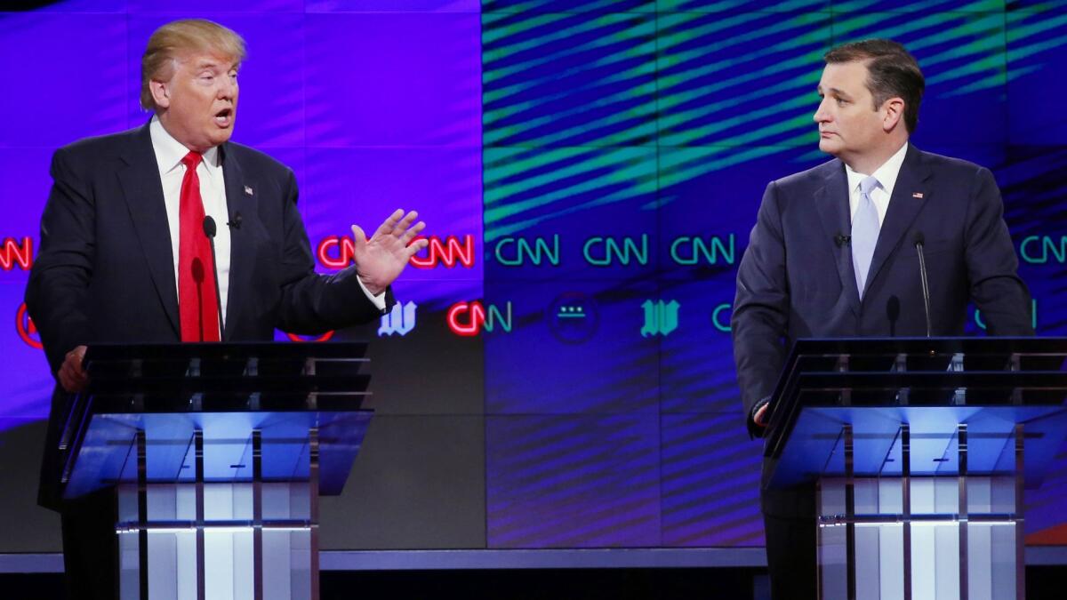 Then-candidate Donald Trump and Texas Sen. Ted Cruz at 2016 Republican presidential candidate debate in Coral Gables, Fla.