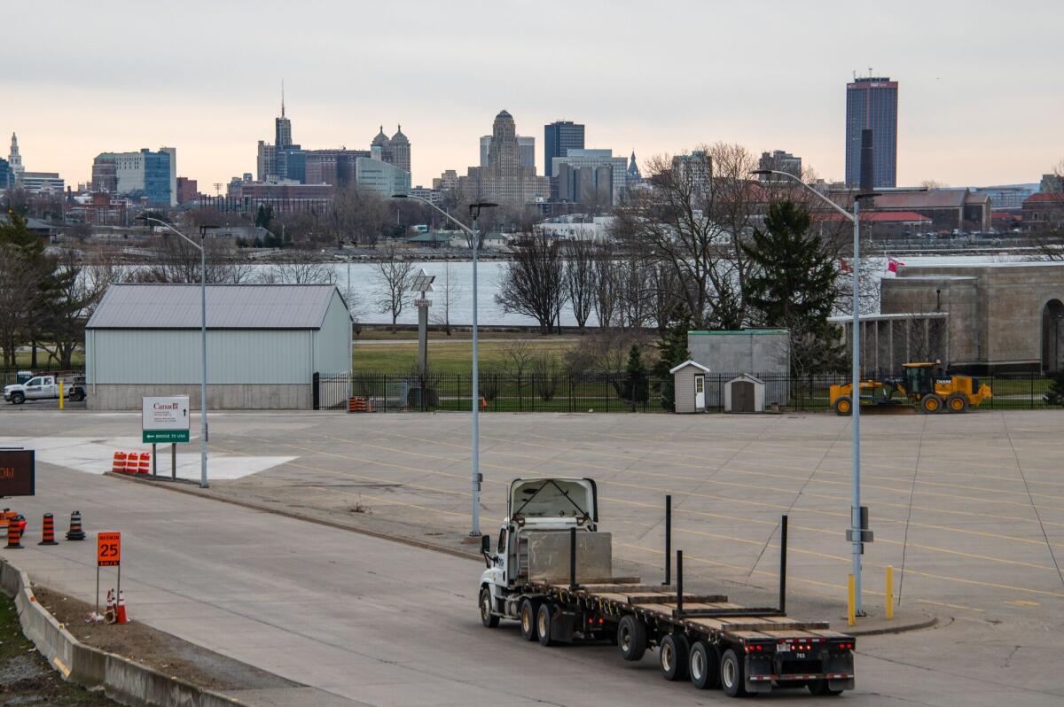 A truck drives towards the Peace Bridge at the Canada-U.S. border in Fort Erie, Canada.
