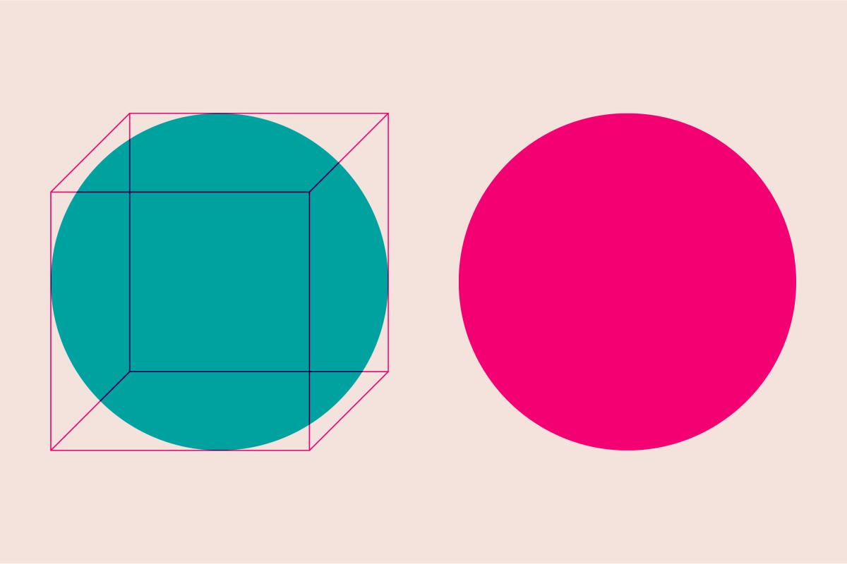 A blue circle inside a box made of lines sits beside a pink circle