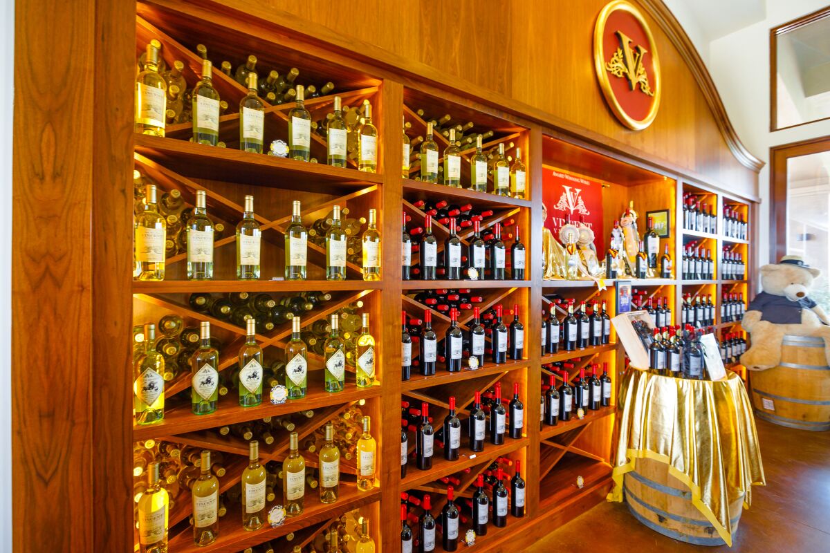 Bottles of cabernet sauvignon and cabernet franc await wine fans inside Vincent Vineyards and Winery in Santa Ynez.