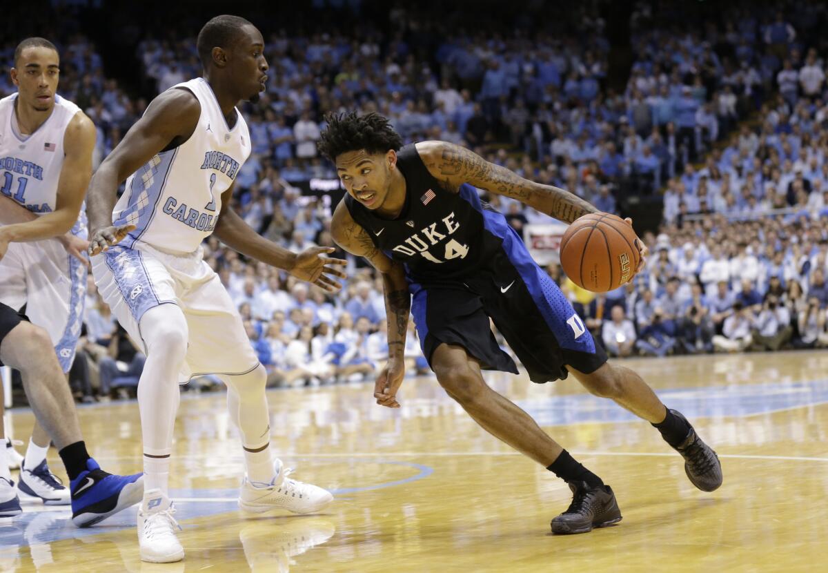 Duke forward Brandon Ingram drives against North Carolina forward Theo Pinson during the second half of a game on Feb. 17.