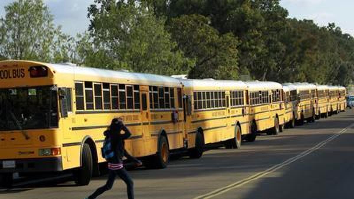 Buses line up in the San Diego Unified School District.