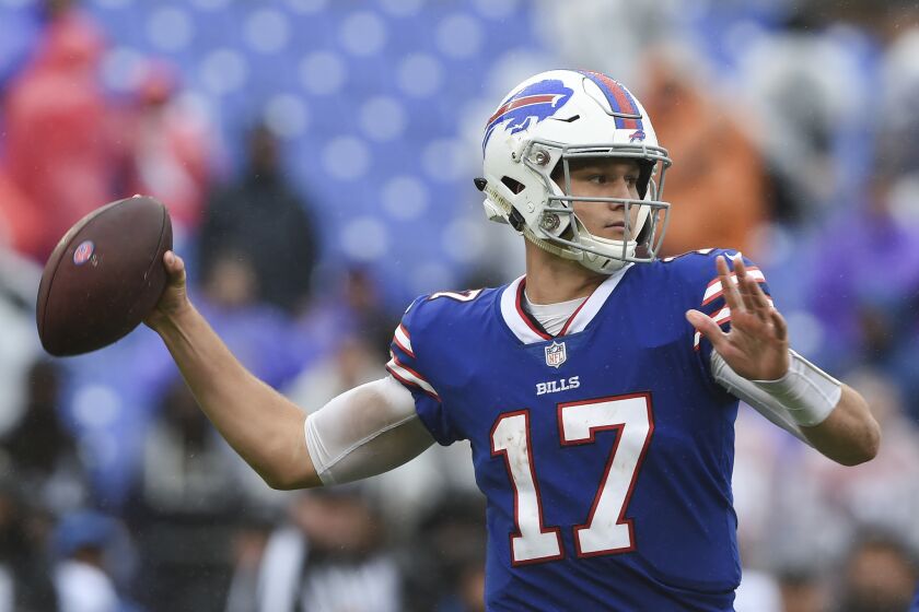 Buffalo Bills quarterback Josh Allen (17) passes the ball during the second half of an NFL football game between the Baltimore Ravens and the Buffalo Bills, Sunday, Sept. 9, 2018, in Baltimore. The Ravens defeated the Bills 47-3. (AP Photo/Gail Burton)