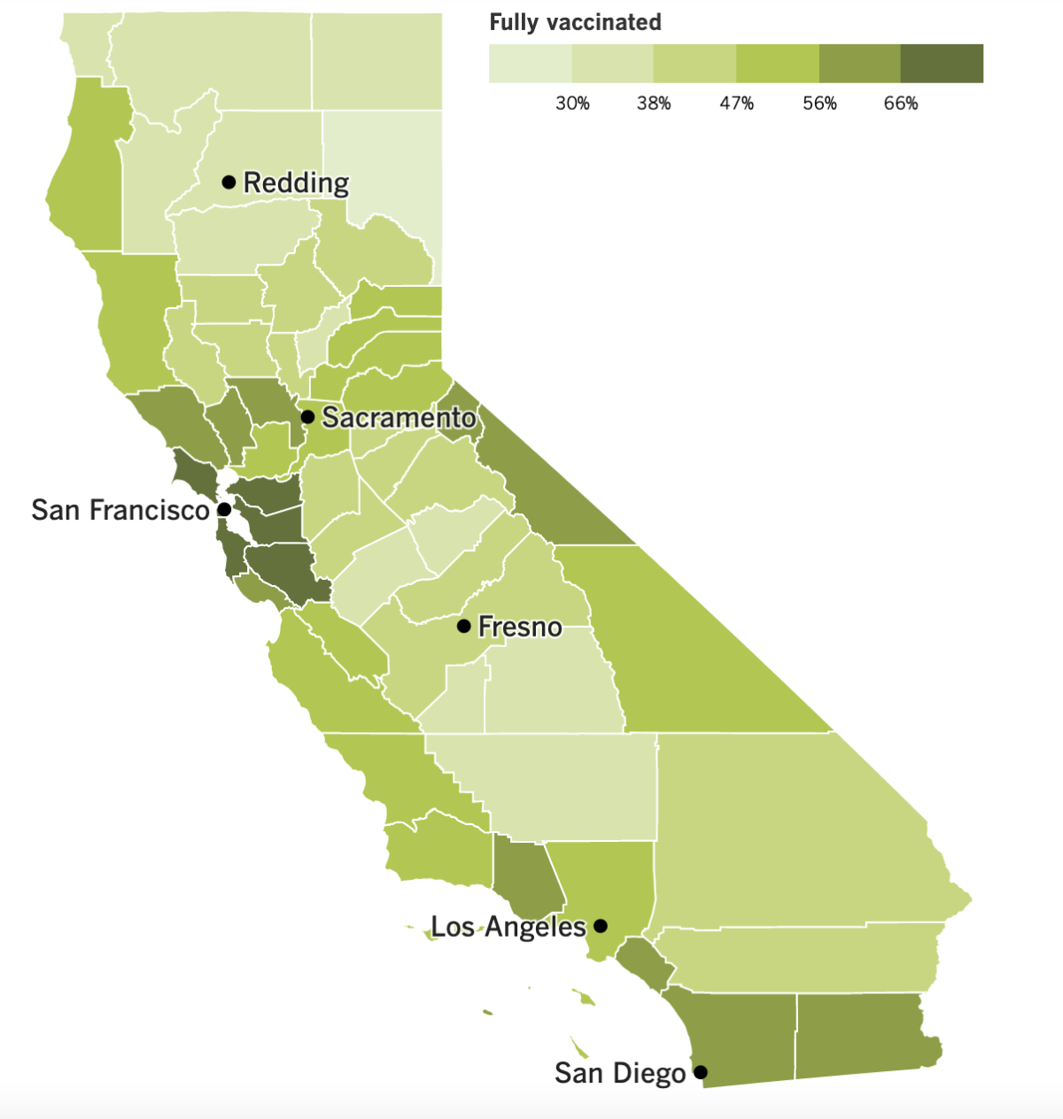 A map of California's vaccination progress by county.