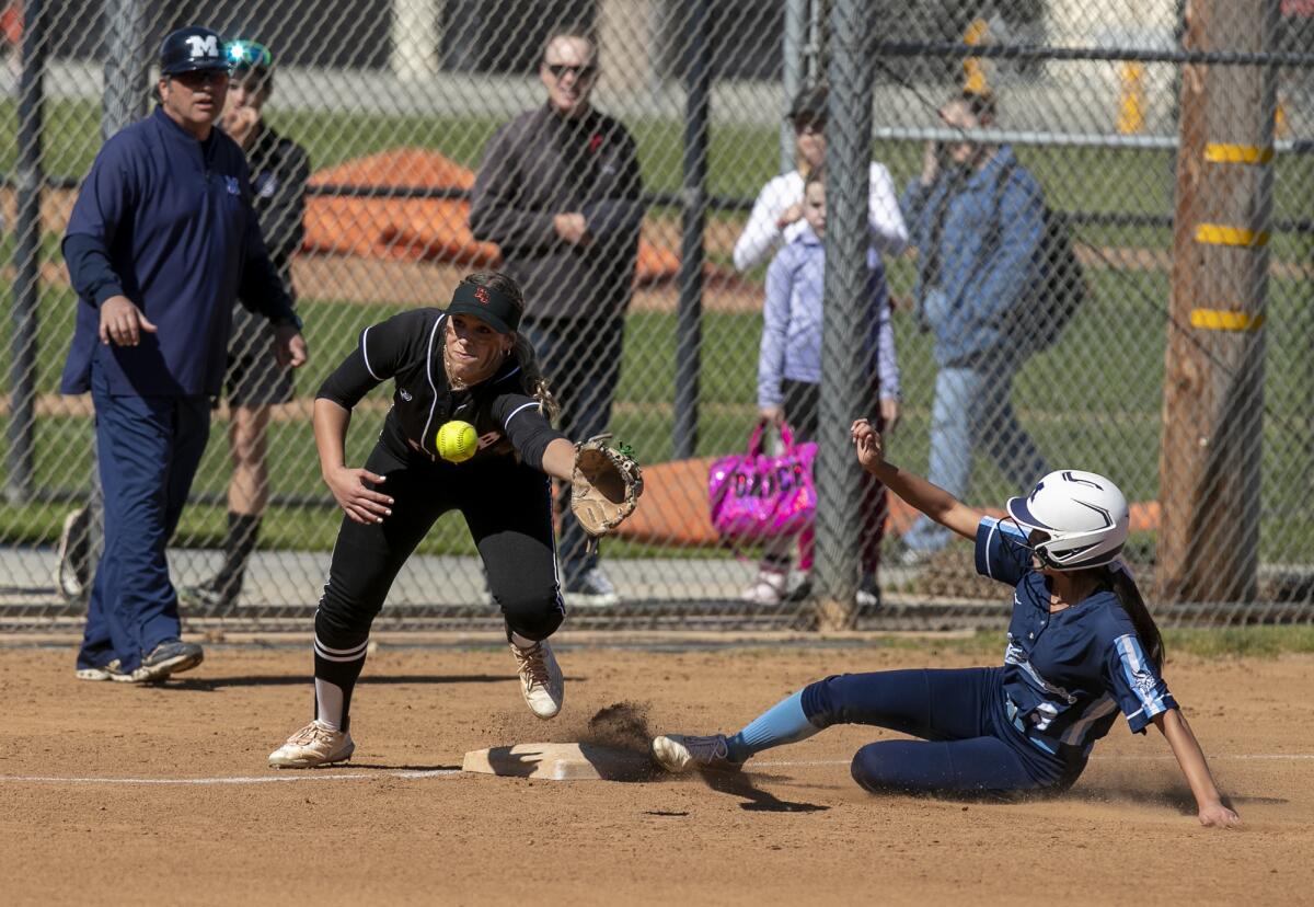 Marina's Rachel Ruiz beats the throw to Huntington Beach's Saige Anderson in the first inning.