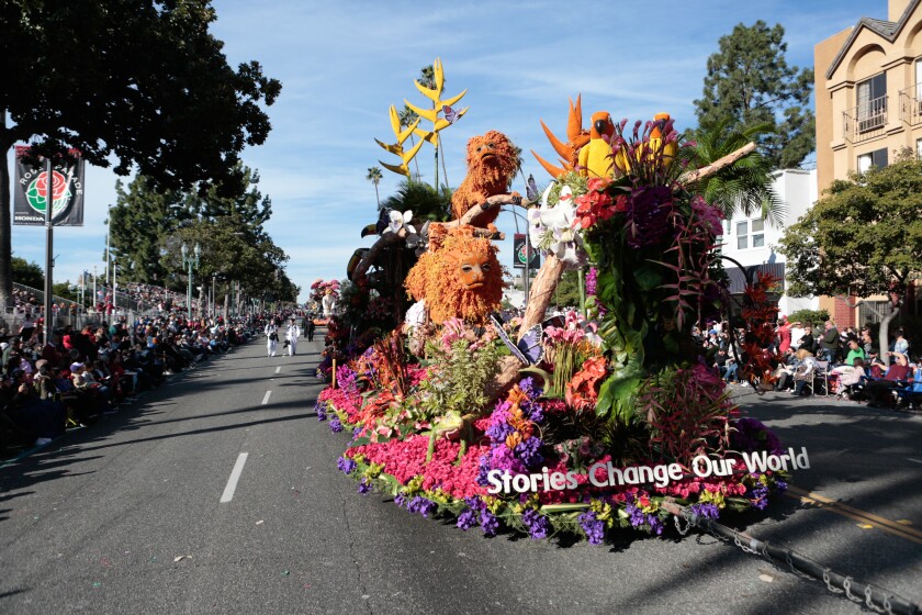 A colorful float on the street at the Rose Parade.