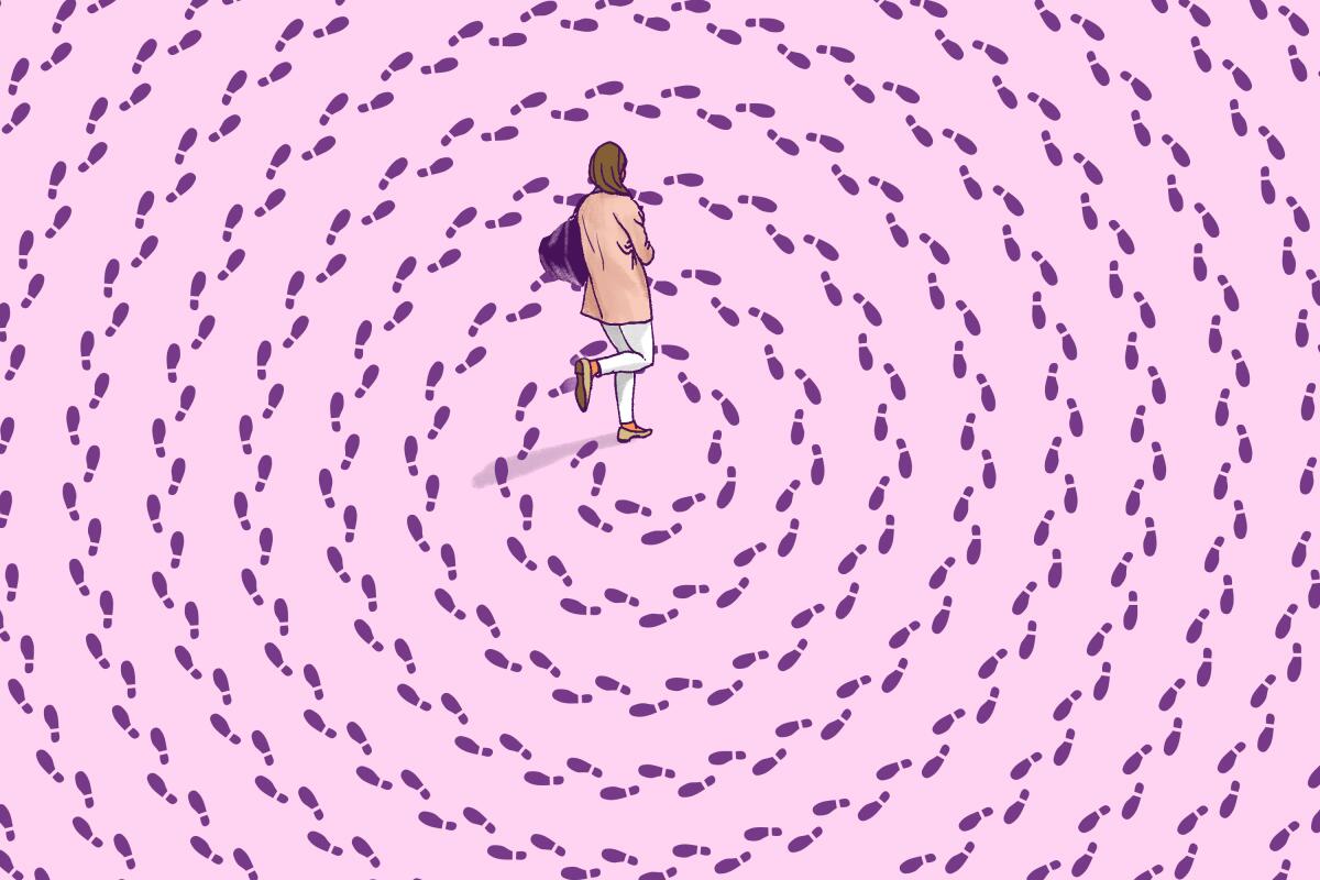 Illustration of a person walking in an inward spiral with a path of hundreds of footsteps trailing behind.