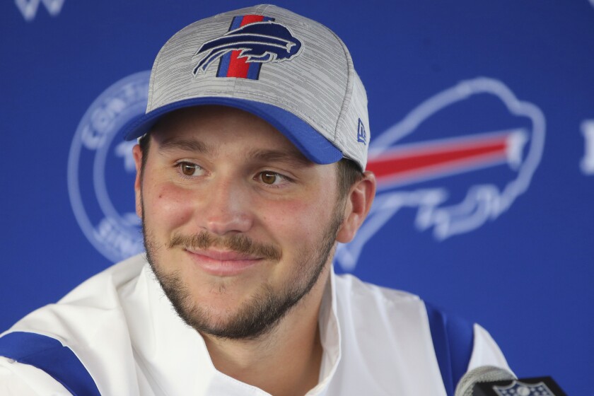 Buffalo Bills quarterback Josh Allen addresses the media Aug. 6, 2021, In Orchard Park N.Y.