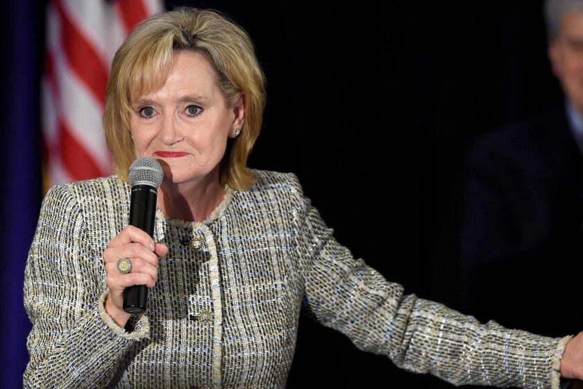 Mandatory Credit: Photo by CHRIS TODD/EPA-EFE/REX (9969626g) Republican US Senator Cindy Hyde-Smith for Mississippi talks to supporters following the 2018 mid-term general election in Jackson, Mississippi, USA, 06 November 2018. Senator Hyde-Smith will face Democratic opponent and former US Representative Mike Espy in a 27 November runoff election. Election night party for Republican US Senator Cindy Hyde-Smith during the 2018 mid-term elections, Jackson, USA - 06 Nov 2018 ** Usable by LA, CT and MoD ONLY **