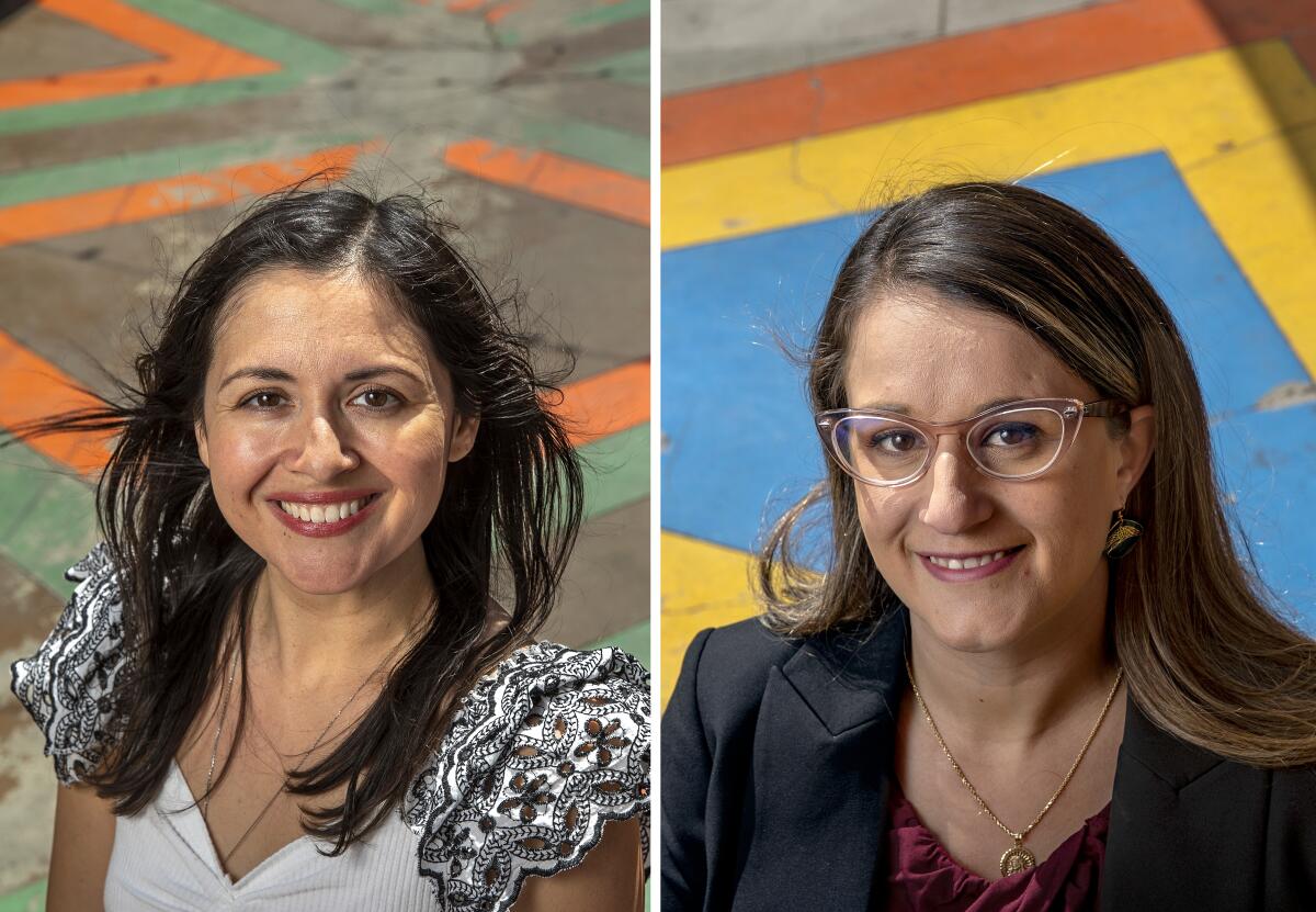 A split image of head-and-shoulders vertical portraits of City Council candidates Marisa Alcaraz and Imelda Padilla.