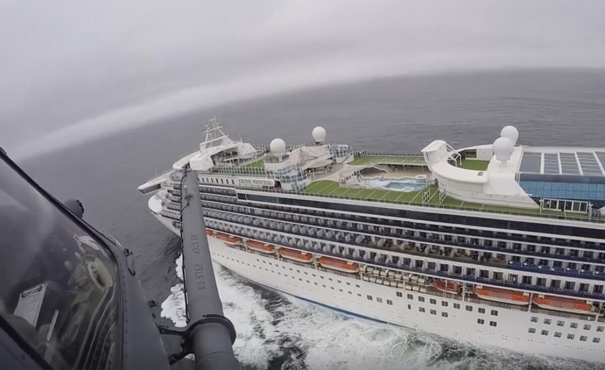 View from a National Guard helicopter of the quarantined cruise ship.