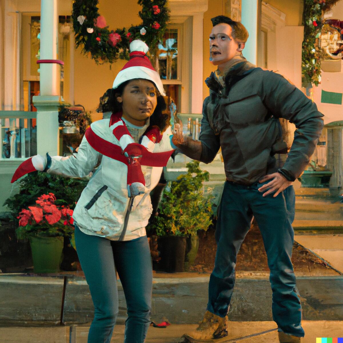 a woman and a man awkwardly posed in  front of a house