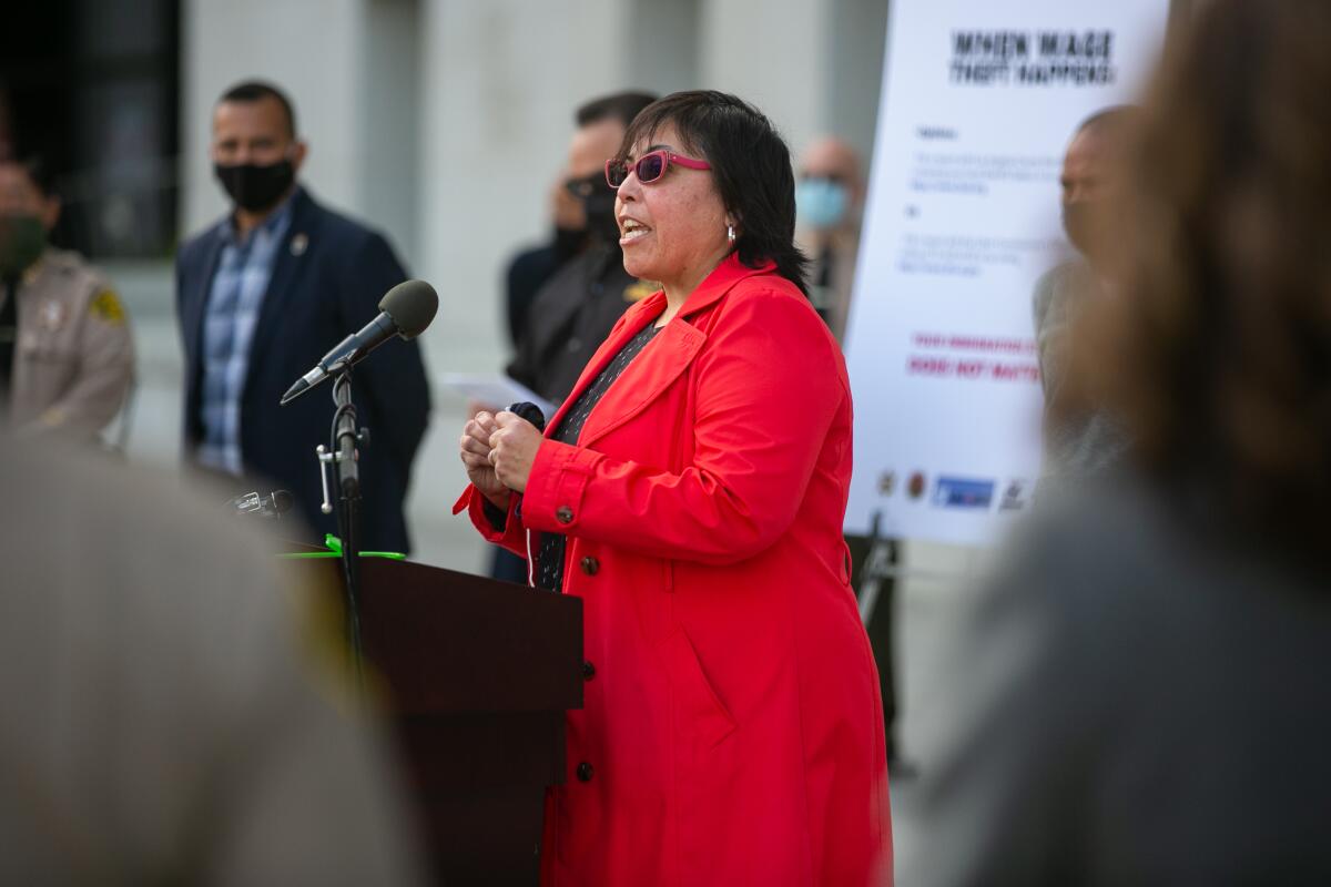 California Labor Commissioner Lilia García-Brower speaks at a news conference 