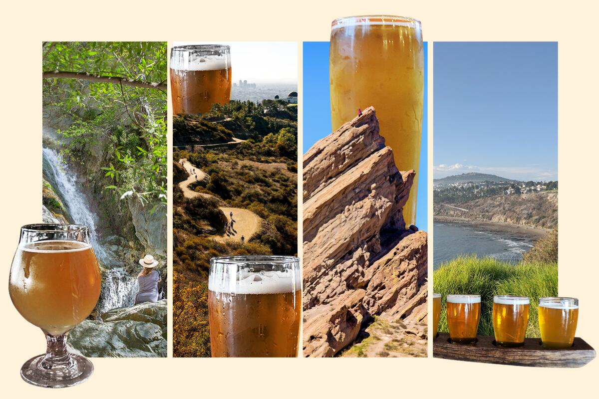 A photo collage of a woman near a waterfall and other scenic spots with mountains and glasses of beer.