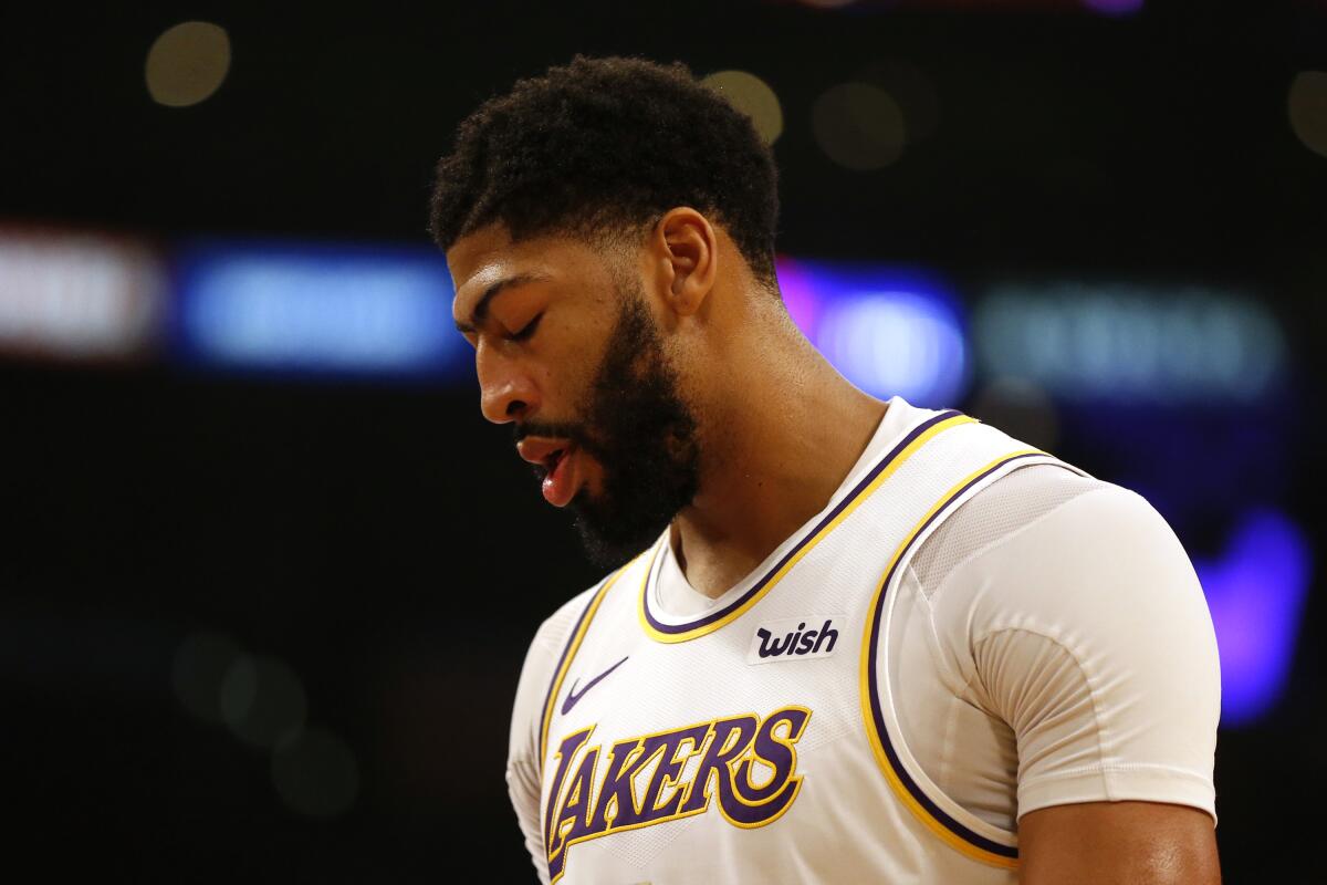 Anthony Davis reacts to a play during a Lakers game on Nov. 17, 2019, at Staples Center.