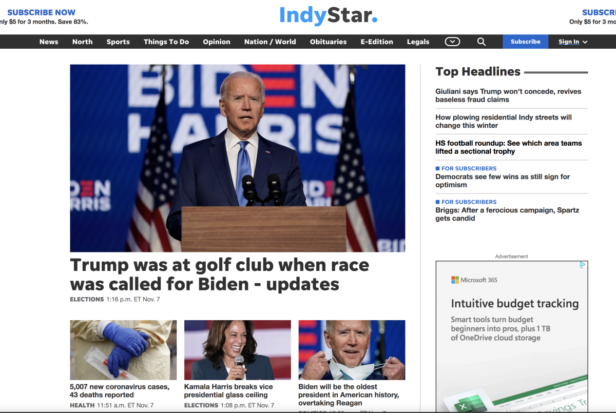 This is the indystar.com homepage after Joe Biden was elected president.