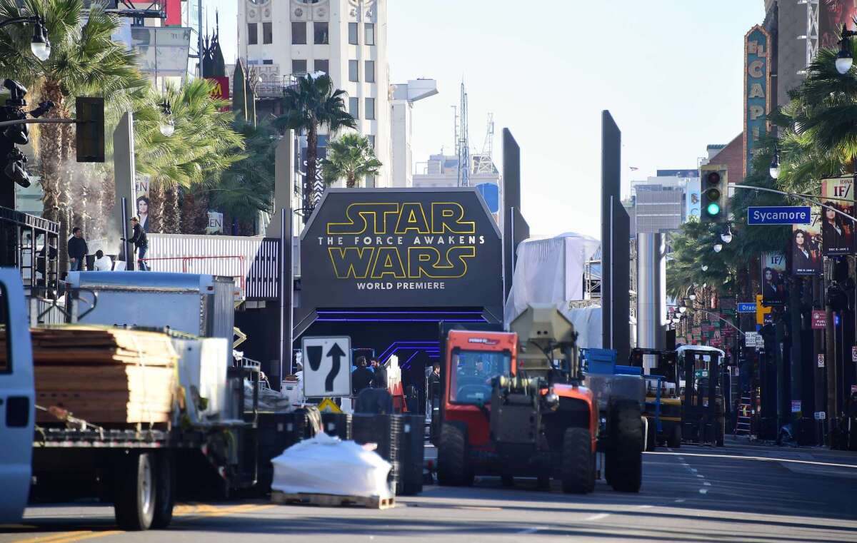 Preparations continue along Hollywood Boulevard for the premiere of "Star Wars: The Force Awakens" at TLC Chinese Theatre on Monday night.