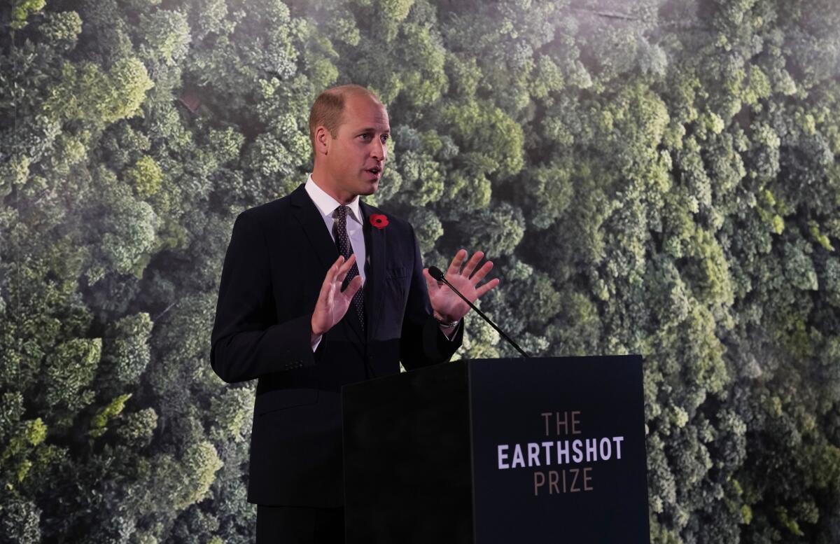 Britain's Prince William speaking at a lectern