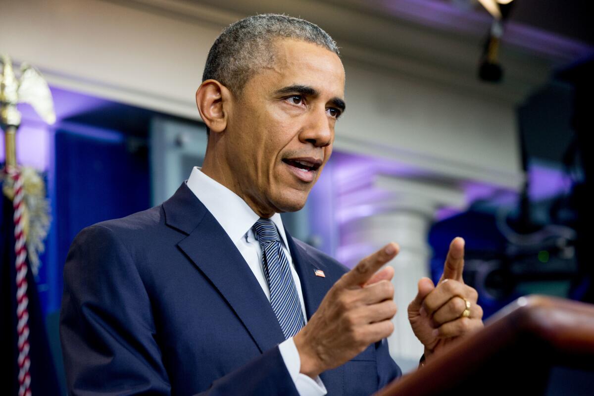 President Obama speaks in the White House briefing room earlier this month.