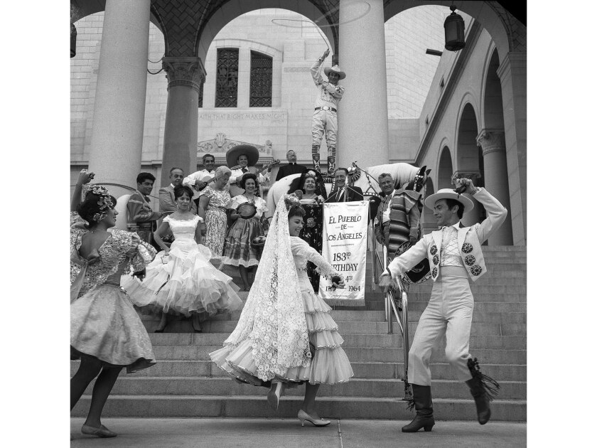 Sep. 2, 1964: Dancers perform on steps of Los Angeles City Hall.